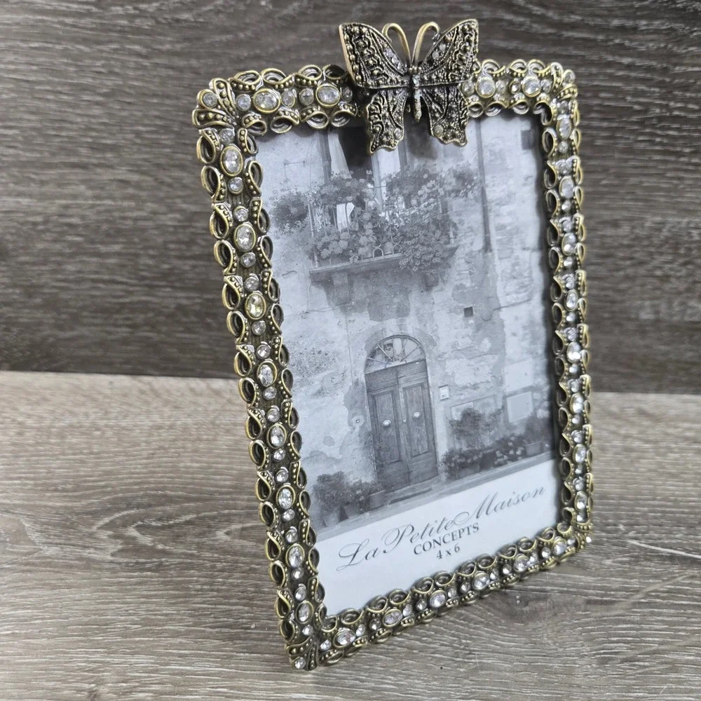 La Petite Maison Butterfly Rhinestone Jeweled Metal Brass Photo Frame 4x6